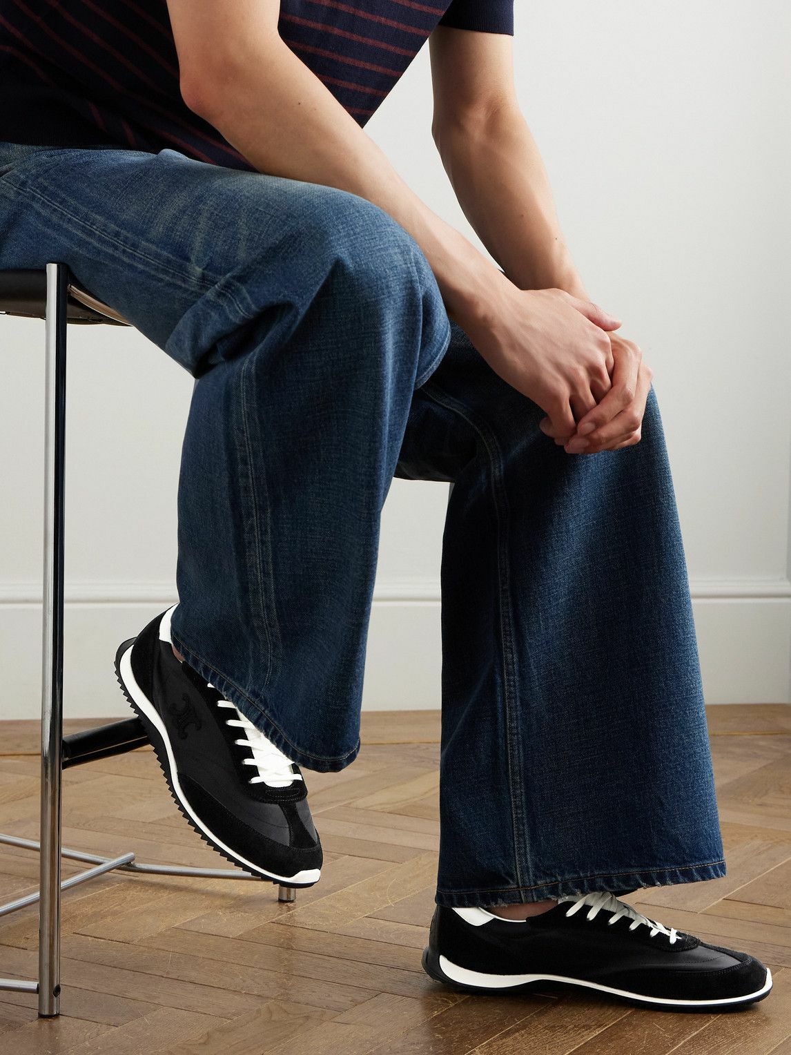 CELINE - Leather and Suede-Trimmed Logo-Embroidered Shell Sneakers - Black