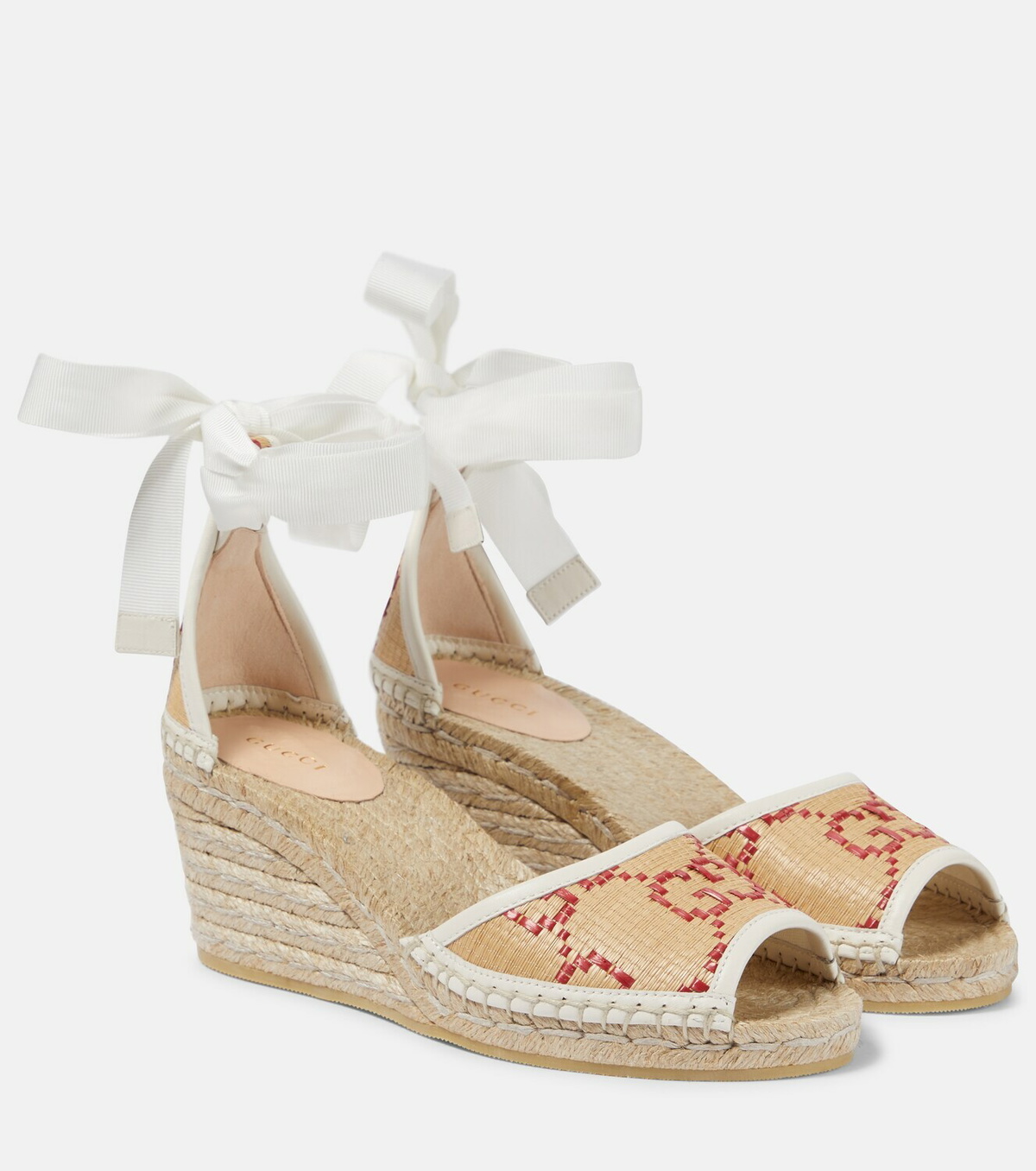 Beige GG-canvas and raffia wedge sandals, Gucci