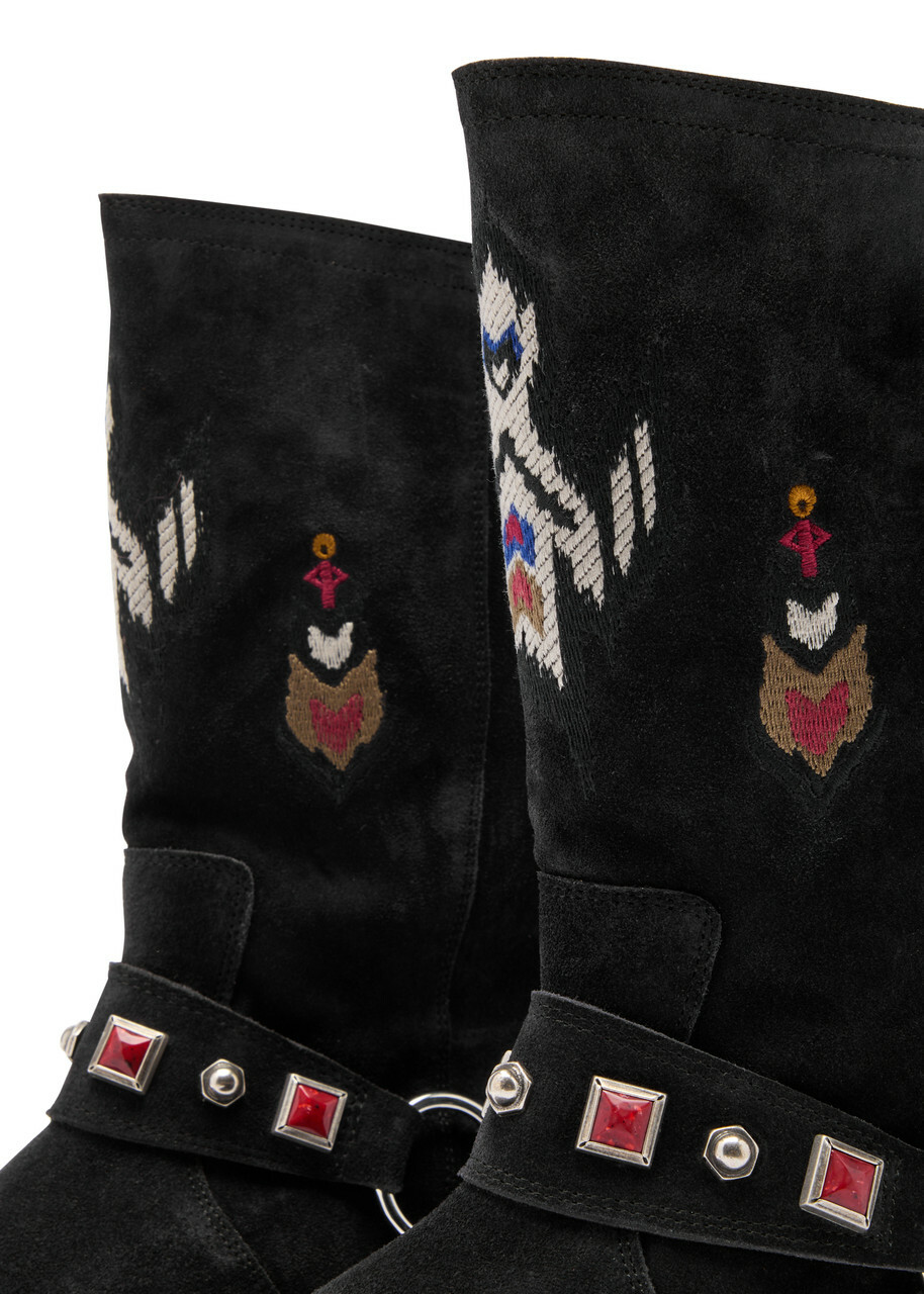 Isabel Marant étoile Siani Embroidered Suede Mid-calf Boots Dark Grey