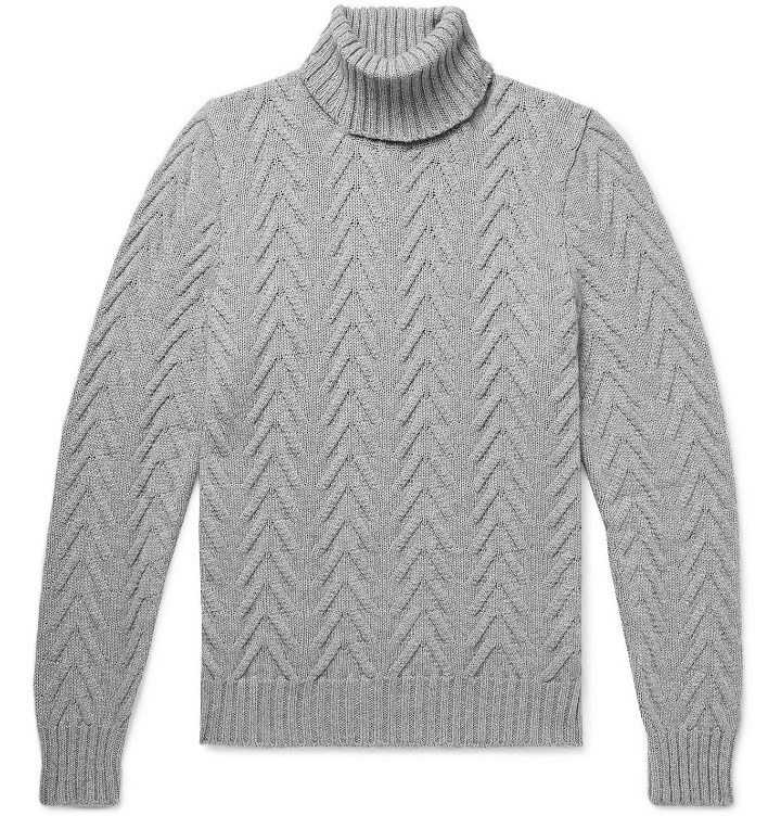 Photo: Kiton - Slim-Fit Cable-Knit Cashmere Rollneck Sweater - Gray