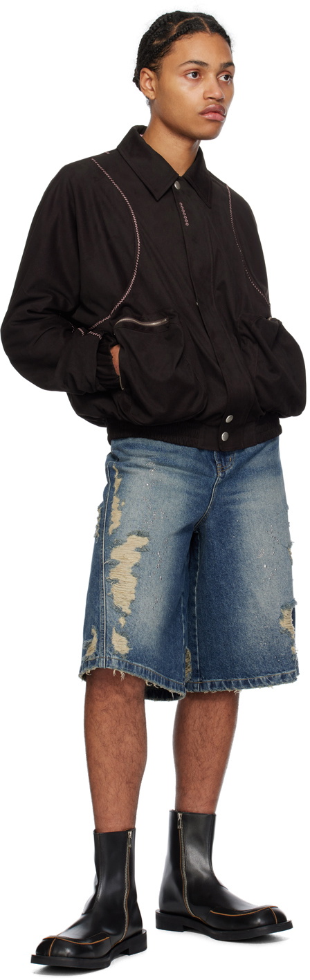 lesugiatelier Brown Embroidered Faux-Leather Bomber Jacket