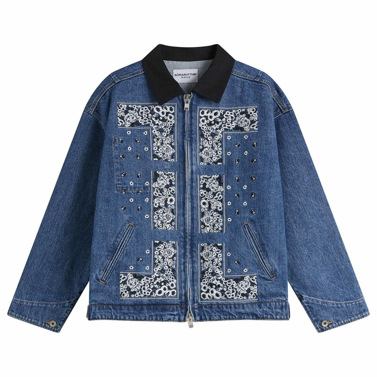 NOMARHYTHM TEXTILE Men's Bandana Embroidery Denim Jacket in Indigo/White