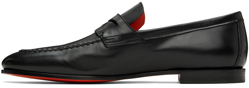 Santoni Black Leather Penny Loafers