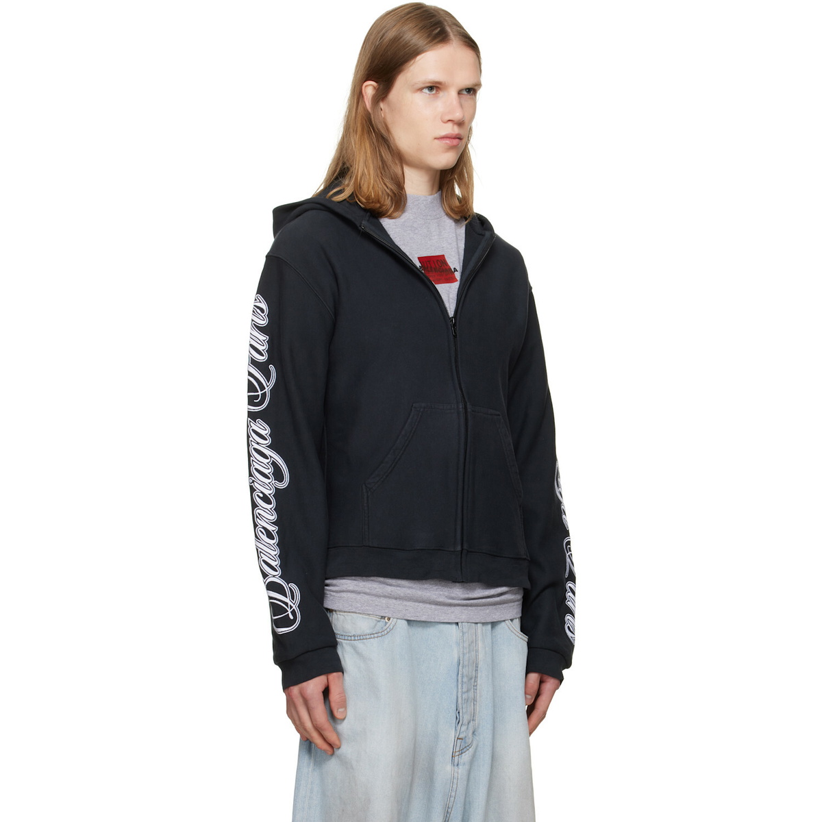 Balenciaga Black Cursive Zip-Up Regular Fit Hoodie