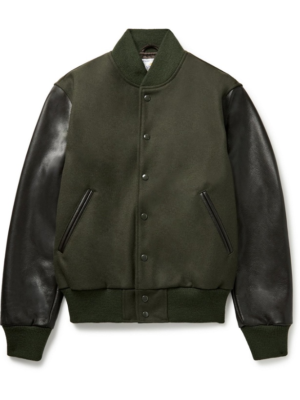 Photo: GOLDEN BEAR - The Albany Wool-Blend and Leather Bomber Jacket - Green