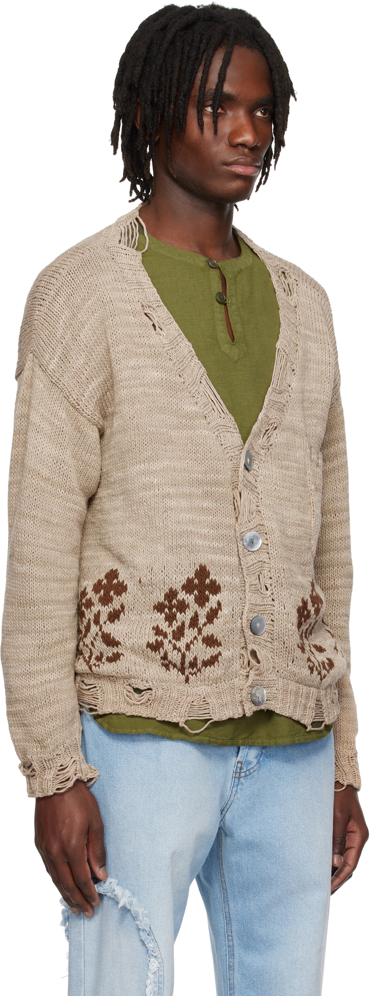 Kartik Research Beige Distressed Cardigan