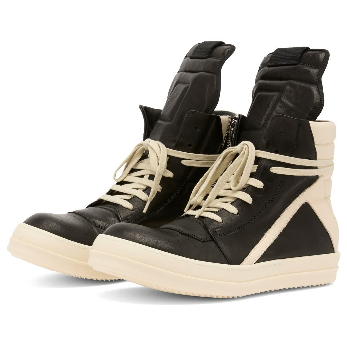 Rick Owens Men's Leather Geobasket Sneakers in Black/Milk/Milk