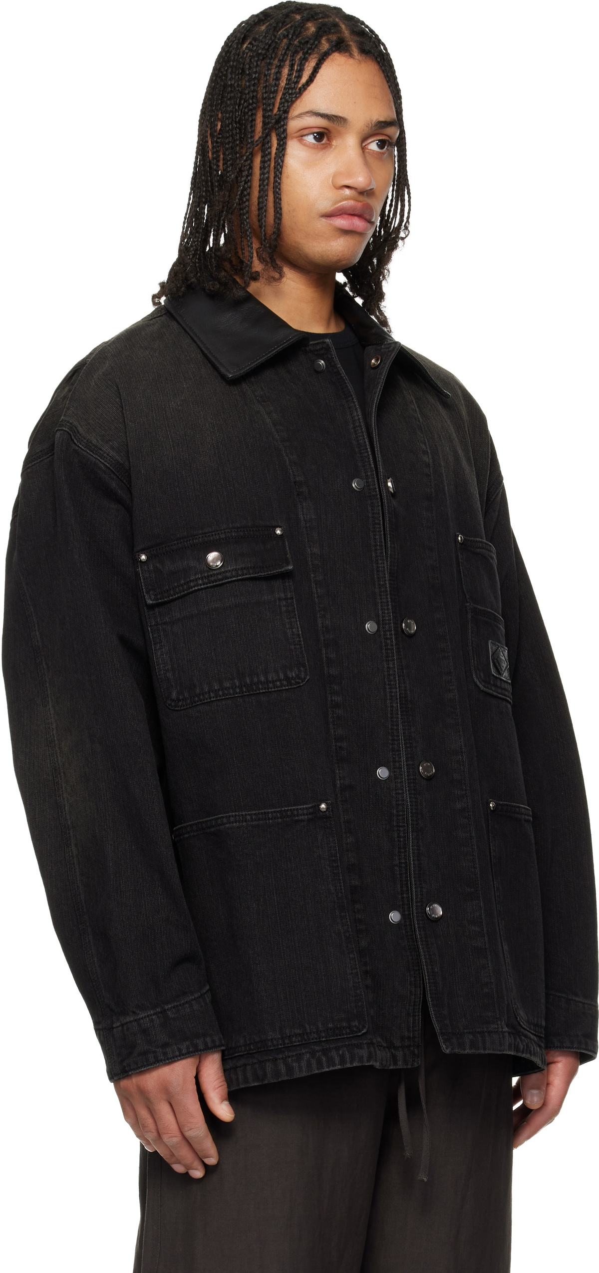 WOOYOUNGMI Black Leather Collar Tin-washed Denim Coat