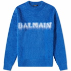 Balmain Men's Retro Logo Mohair Knit Crew in Cobalt/White