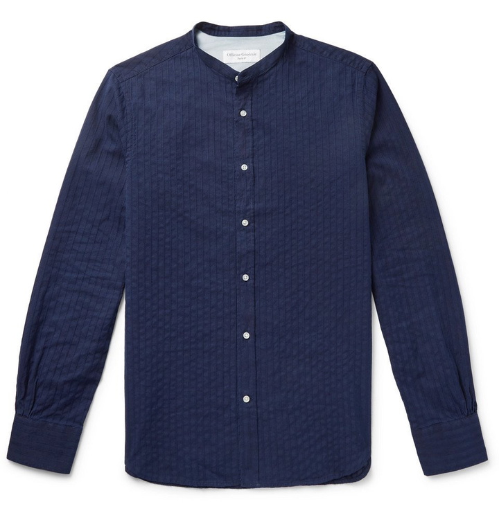 Photo: Officine Generale - Grandad-Collar Striped Cotton-Jacquard Shirt - Men - Navy