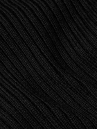 Moncler - Leather-Trimmed Ribbed Virgin Wool Cardigan - Black