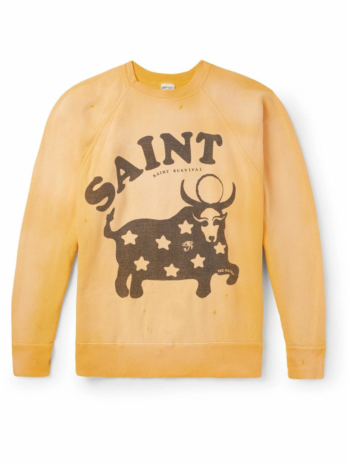 Photo: SAINT Mxxxxxx - Distressed Printed Cotton-Jersey Sweatshirt - Yellow