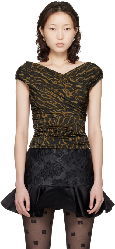 Photo: GANNI Khaki Printed Shiny Jersey Sleeveless Ruched Top