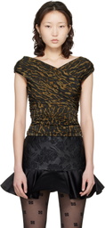 GANNI Khaki Printed Shiny Jersey Sleeveless Ruched Top