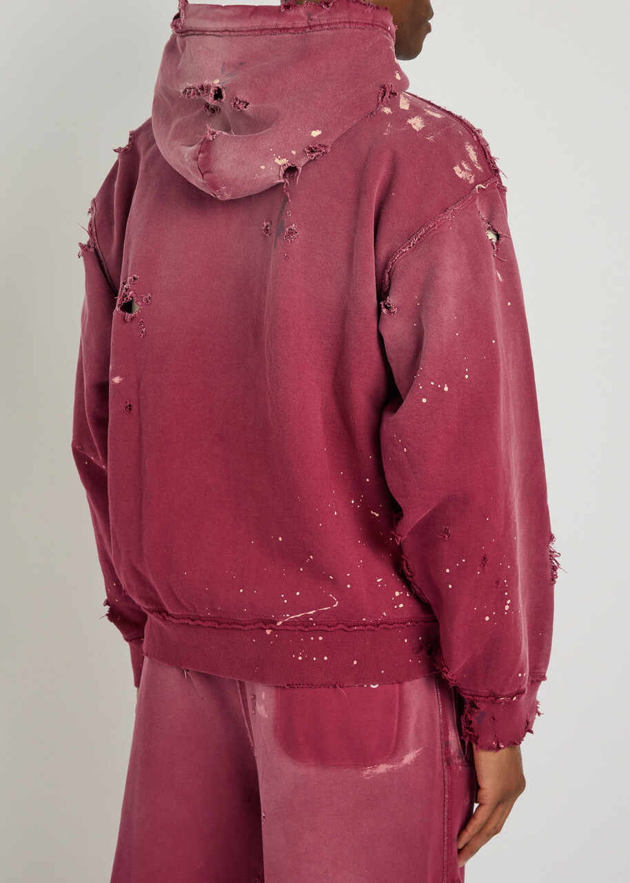 Satoshi Nakamoto Luke Printed Hooded Distressed Cotton Sweatshirt Burgundy