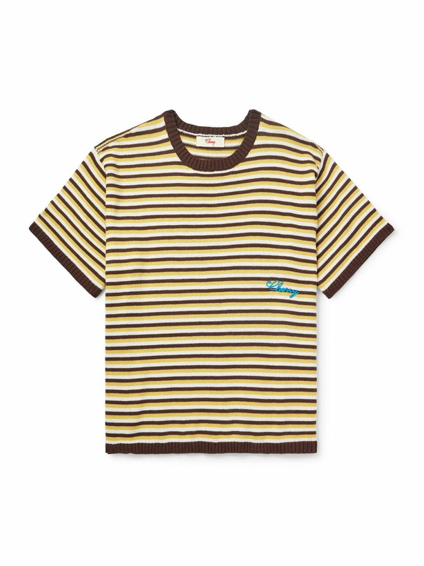 Photo: Cherry Los Angeles - Logo-Embroidered Striped Knitted Cotton T-Shirt - Yellow