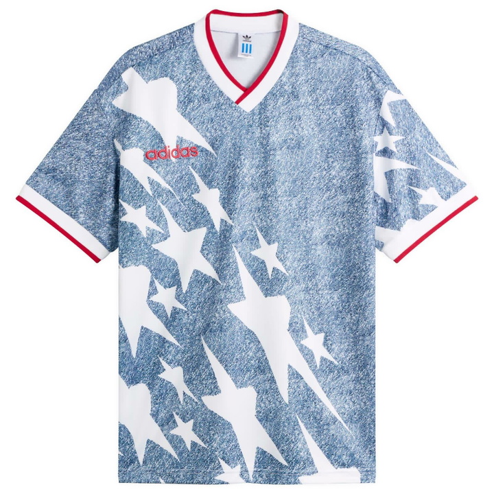 Photo: Adidas Men's Denim Graphic Jersey Top in White/Dark Blue