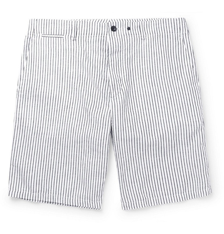 Photo: rag & bone - Beach Short II Striped Cotton and Linen-Blend Shorts - Blue