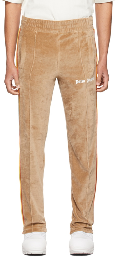 Photo: Palm Angels Brown Velvet Logo Stripe Lounge Pants