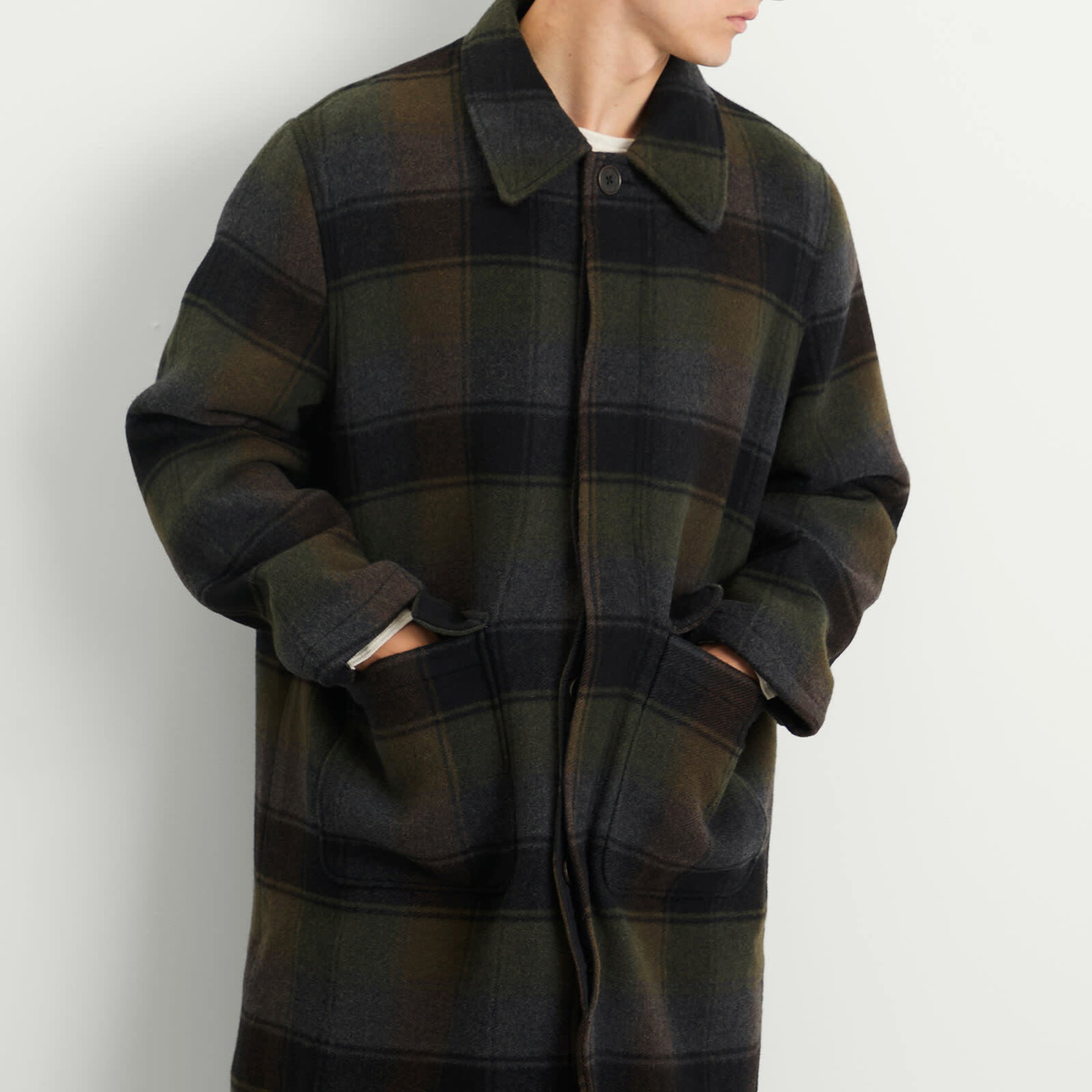 Universal Works Men's Berlin Wool Check Account Coat in Black/Brown