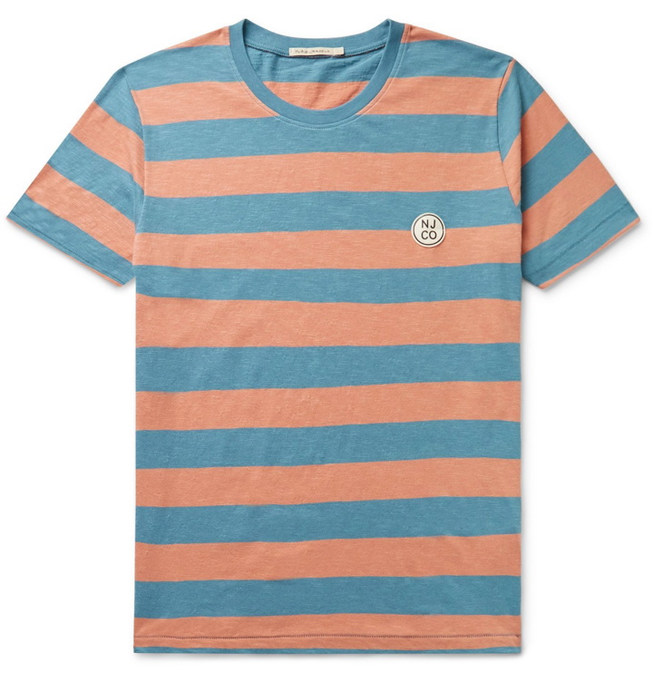 Photo: Nudie Jeans - Roy Logo-Appliquéd Striped Slub Cotton-Jersey T-Shirt - Blue