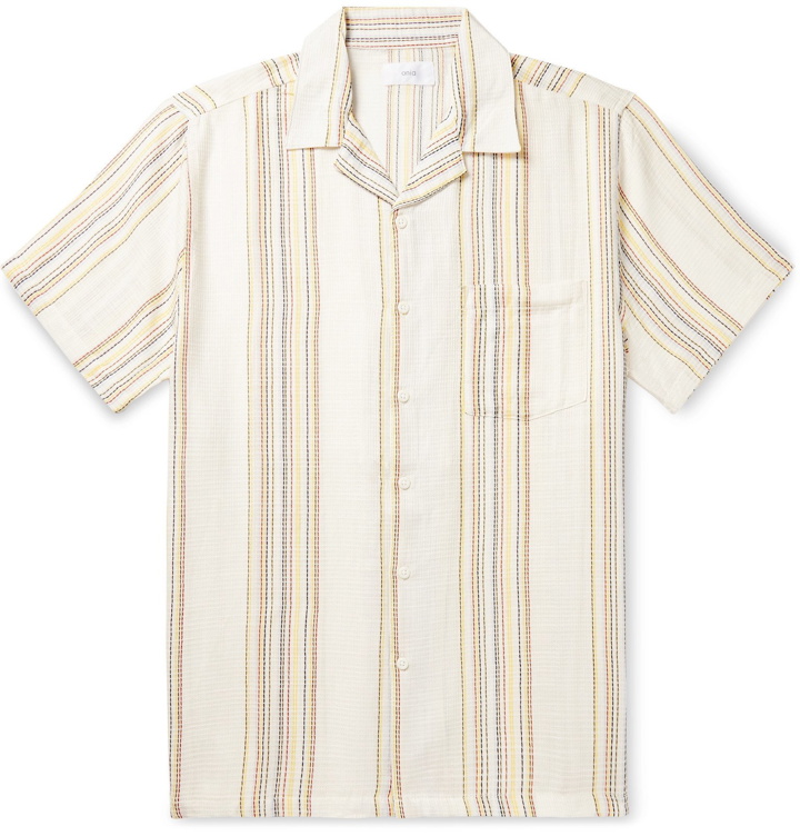 Photo: Onia - Vacation Camp-Collar Striped Lyocell and Cotton-Blend Shirt - Neutrals