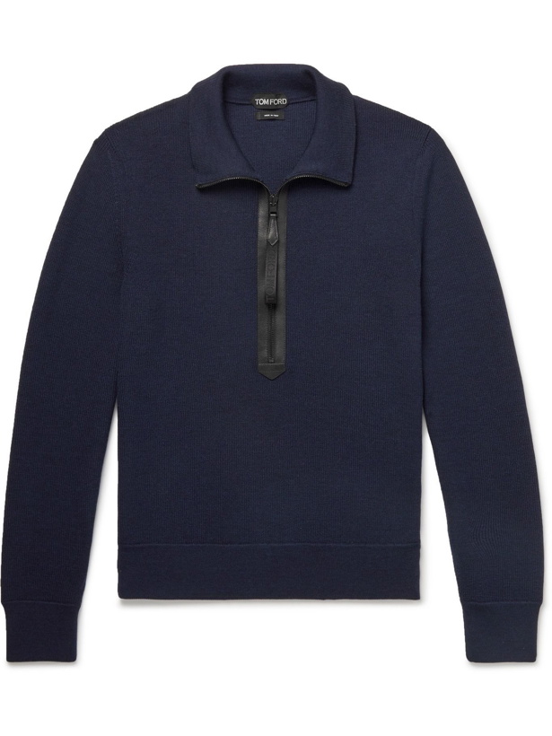 Photo: TOM FORD - Leather-Trimmed Ribbed Merino Wool Half-Zip Sweater - Blue