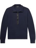 TOM FORD - Leather-Trimmed Ribbed Merino Wool Half-Zip Sweater - Blue