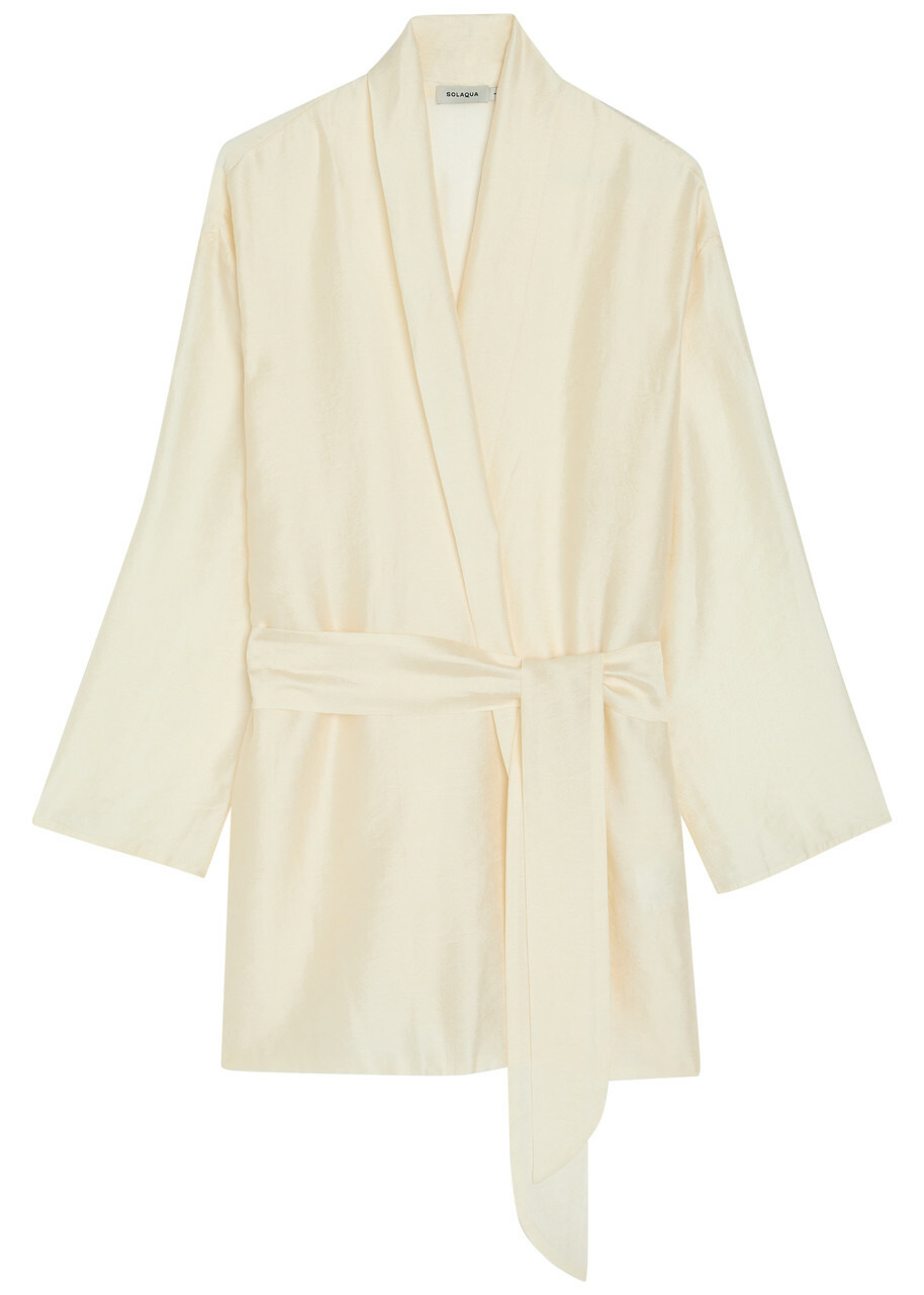 Solaqua Alma Embroidered Belted Kimono Robe Ivory