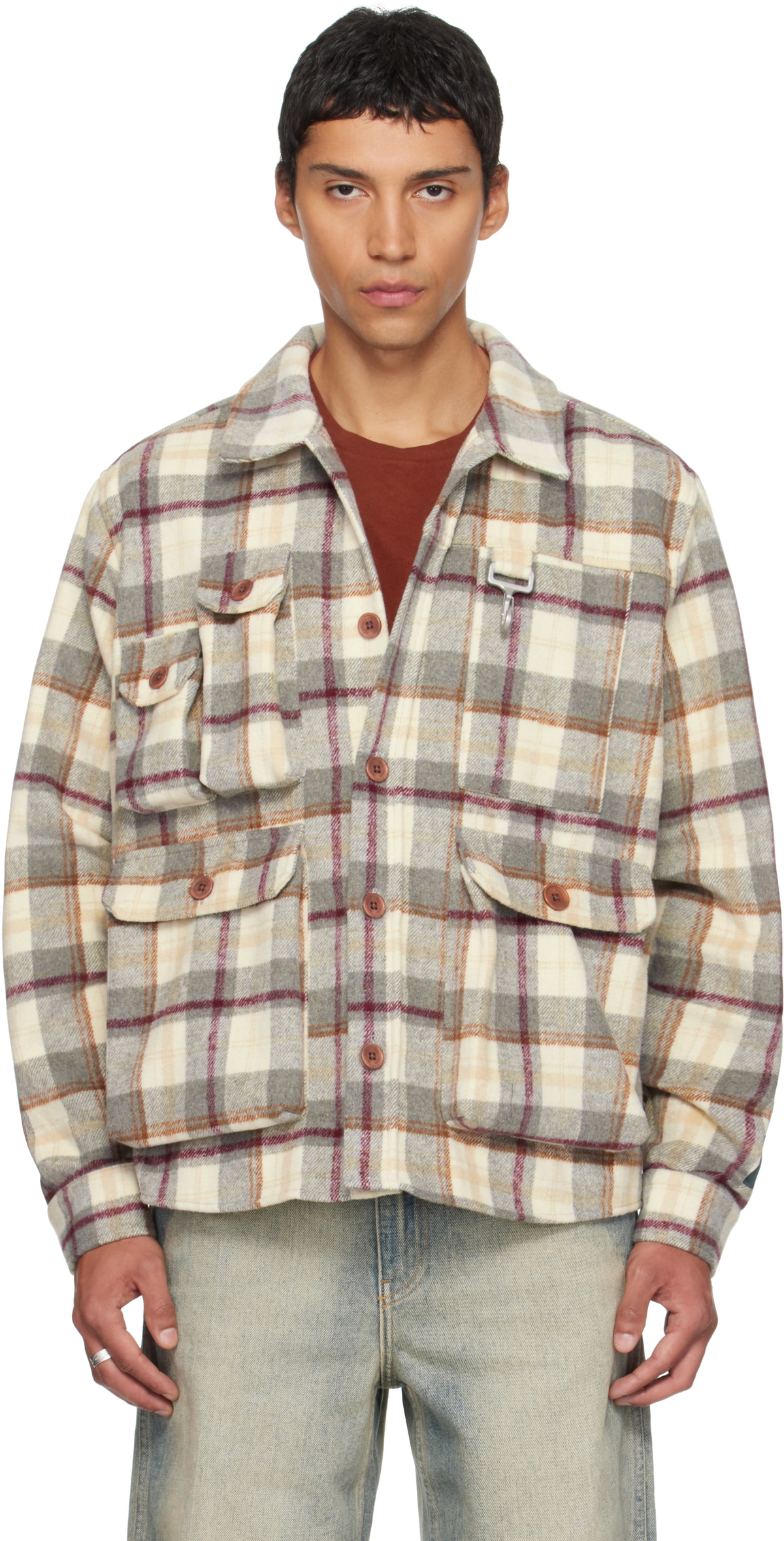 Reese Cooper Gray & Beige Milled Flannel Cargo Button Down Shirt