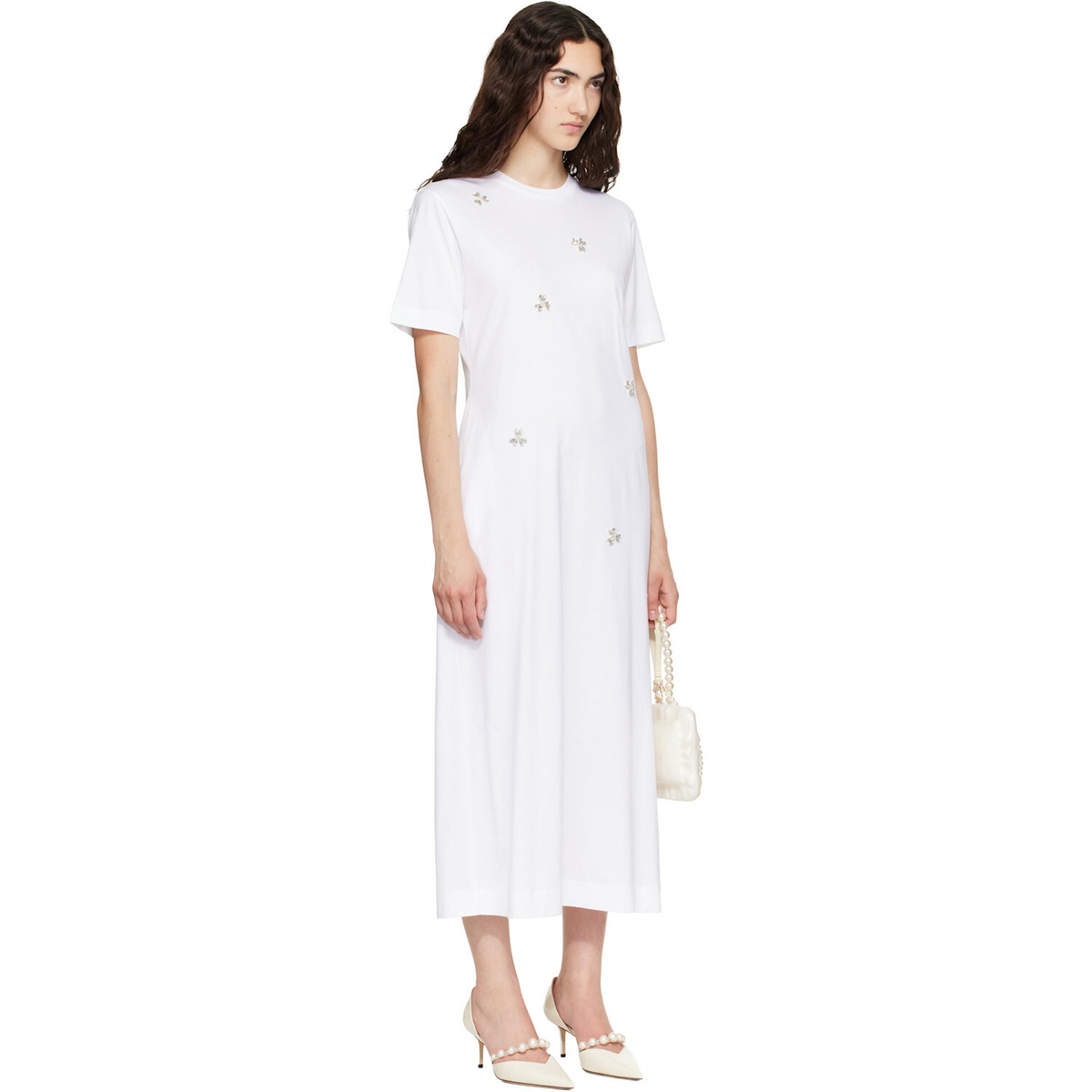Simone Rocha White Easy Embellished T-shirt Midi Dress