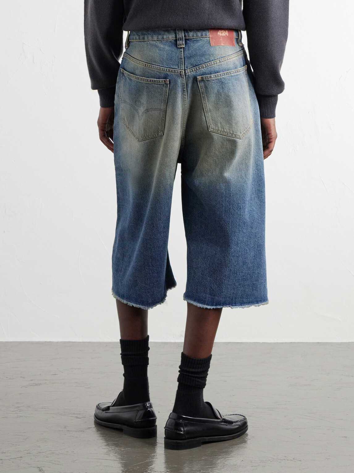 424 - Big Daddy Wide-Leg Distressed Denim Shorts - Blue