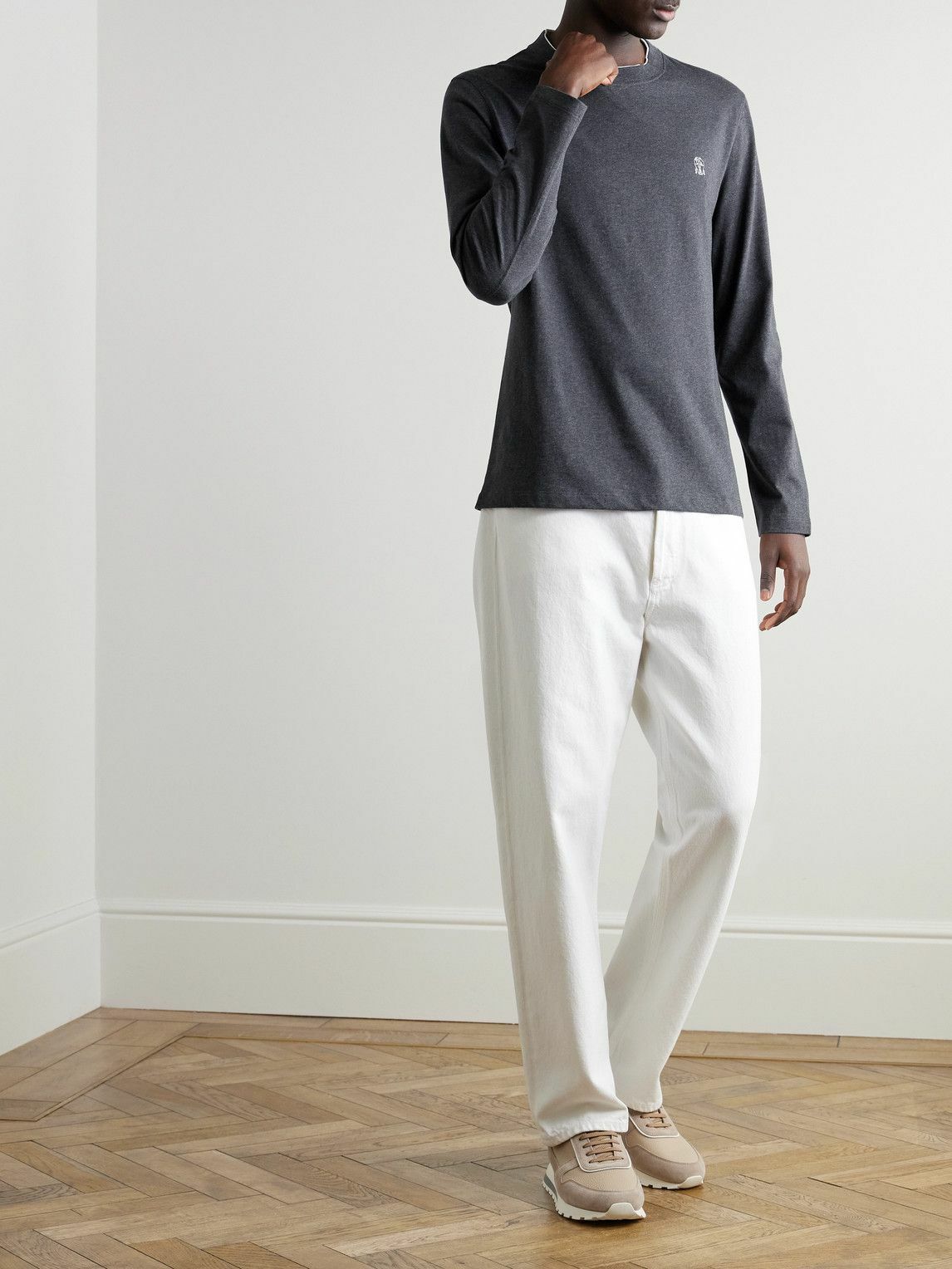 Brunello Cucinelli - Logo-Embroidered Cotton-Jersey T-Shirt - Gray