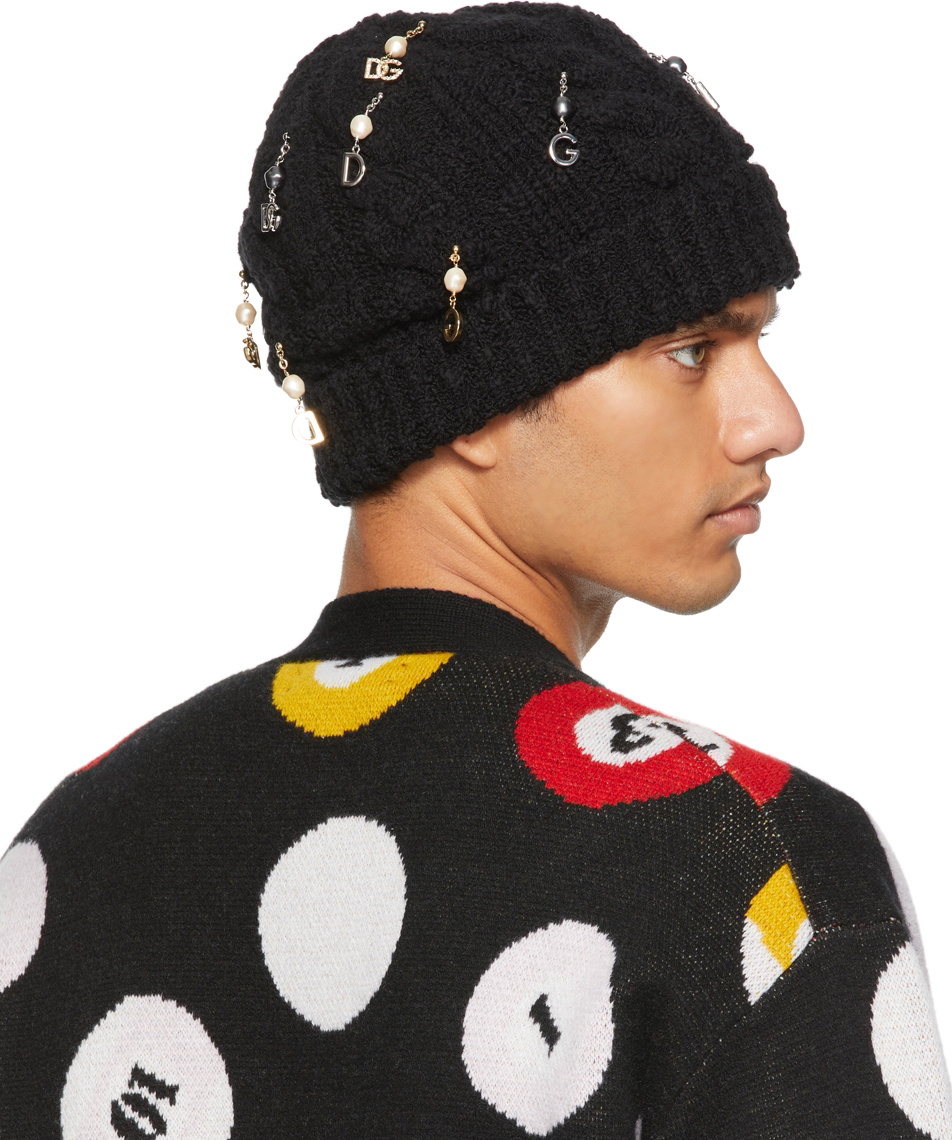 Dolce & Gabbana Black Pearl & Logo Charm Beanie Dolce & Gabbana