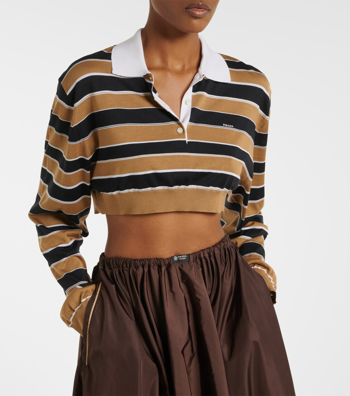 Prada Striped cropped silk polo shirt