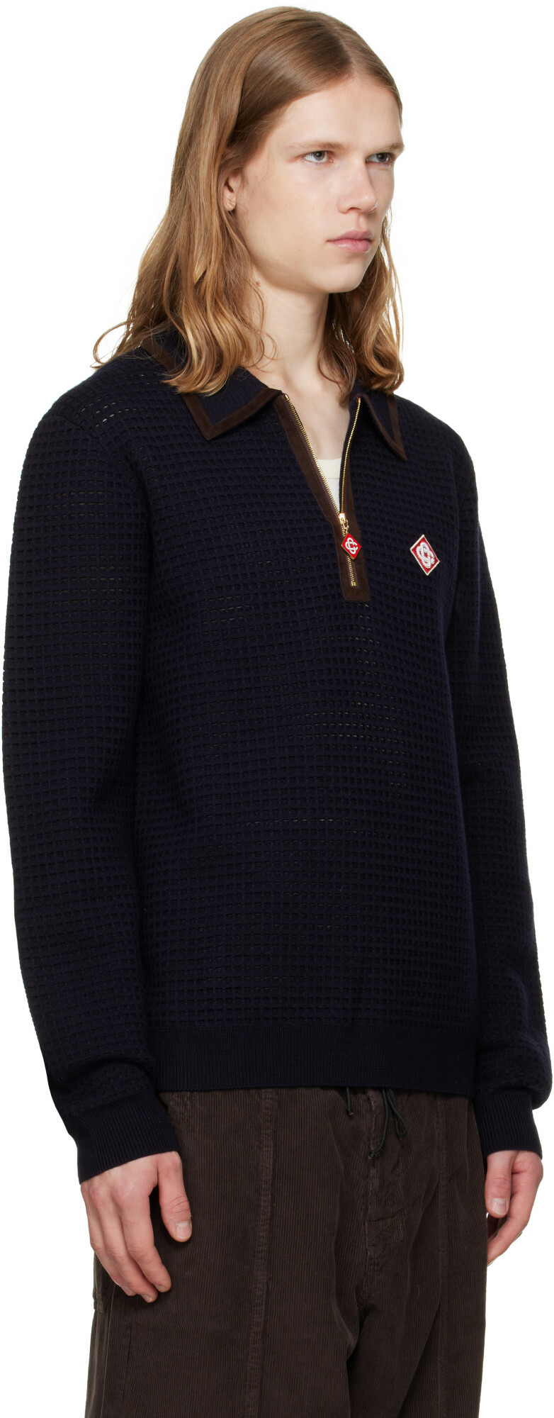 Casablanca Navy Wool Waffle Stitch Long Sleeve Polo
