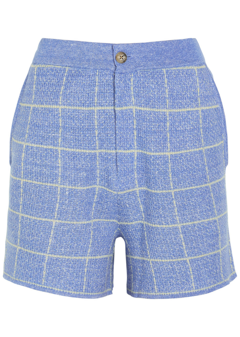 Guest In Residence Plaid Cashmere and Linen-blend Shorts Light Blue