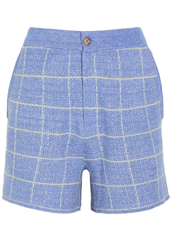 Photo: Guest In Residence Plaid Cashmere and Linen-blend Shorts Light Blue
