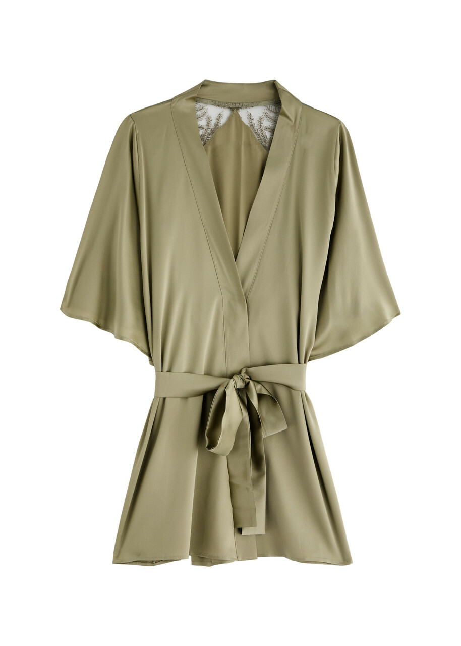 Fleur OF England Arianna Lace and Silk-blend Satin Robe Sage
