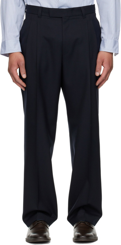 Photo: BOSS Navy Tapered-Fit Melange Virgin Wool Trousers