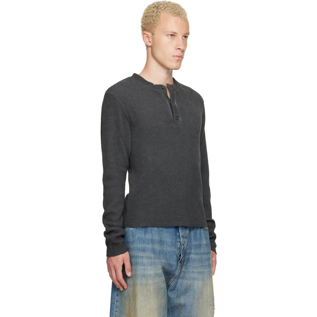 424 Black Long-Sleeve Thermal Jersey Henley