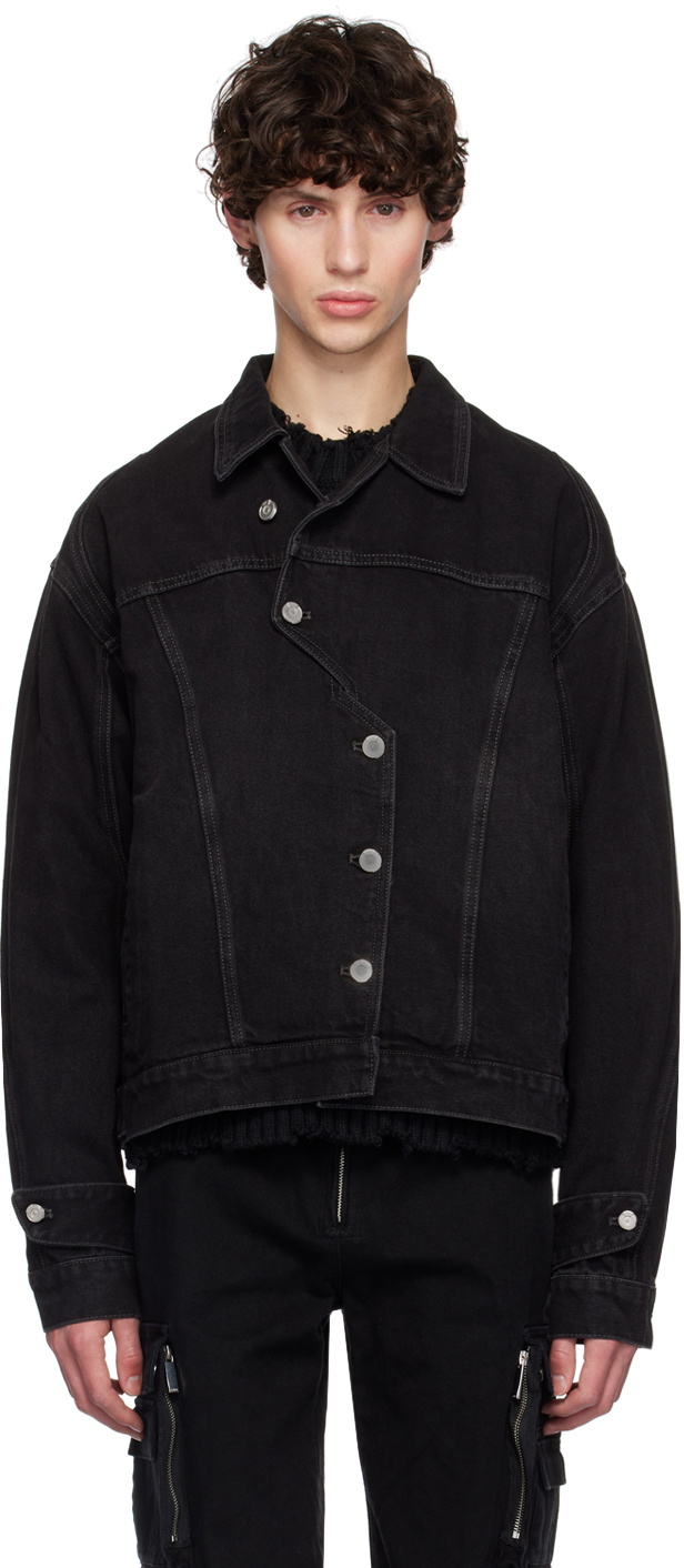 C2H4 Black Stagger Placket Arc Denim Jacket