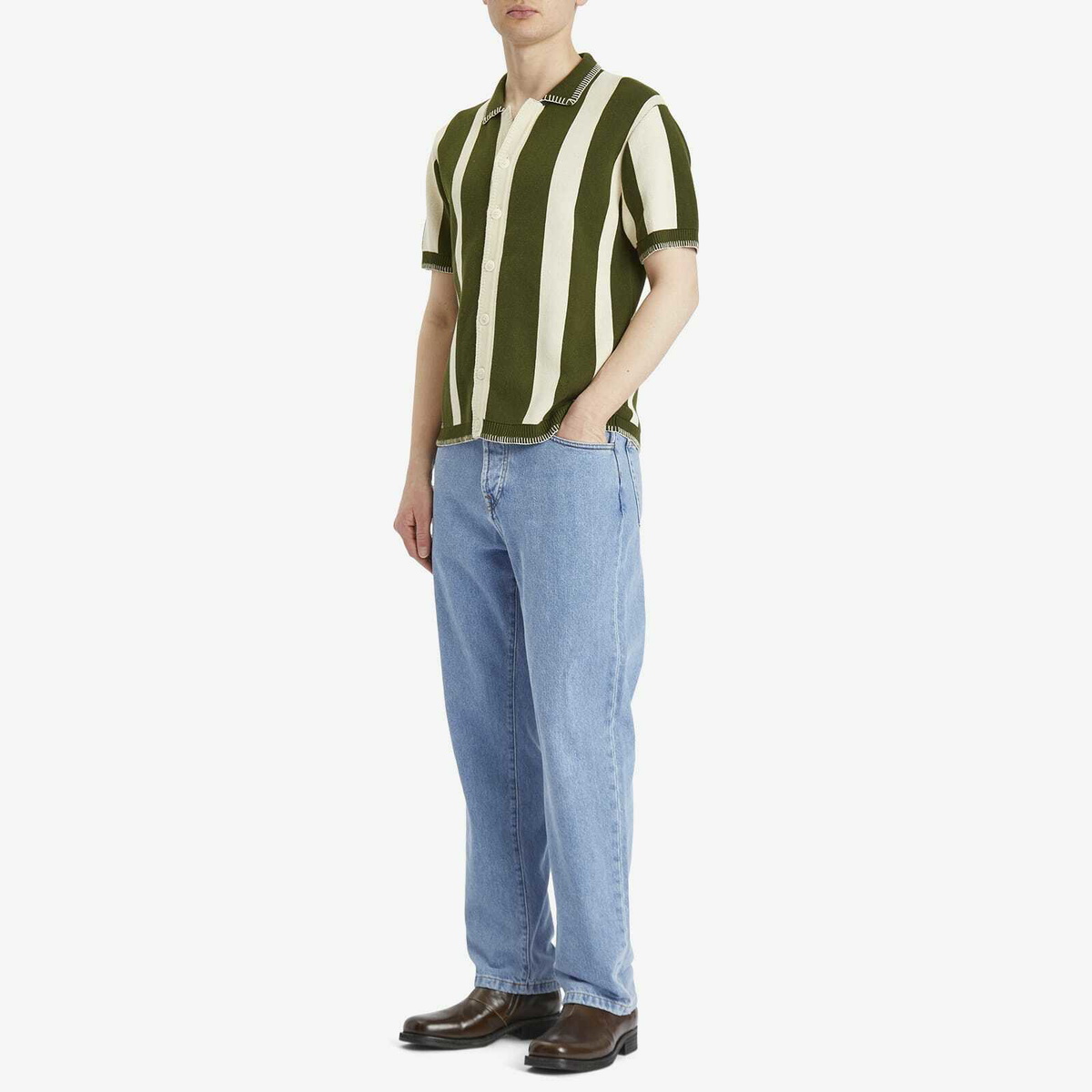 Percival Men's Knitted Stripe Cuban Shirt in Forest