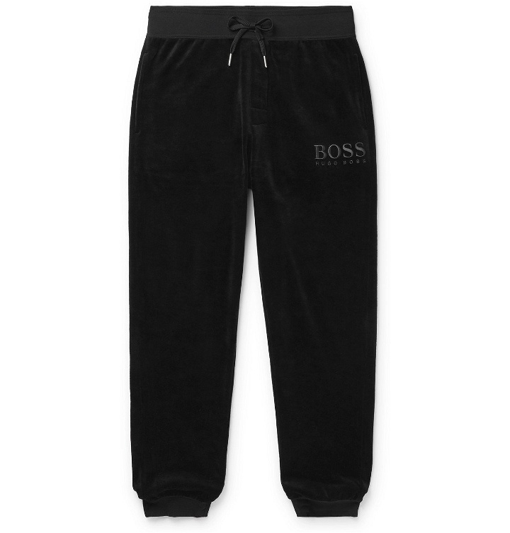Photo: HUGO BOSS - Tapered Logo-Embroidered Cotton-Blend Velour Track Pants - Black