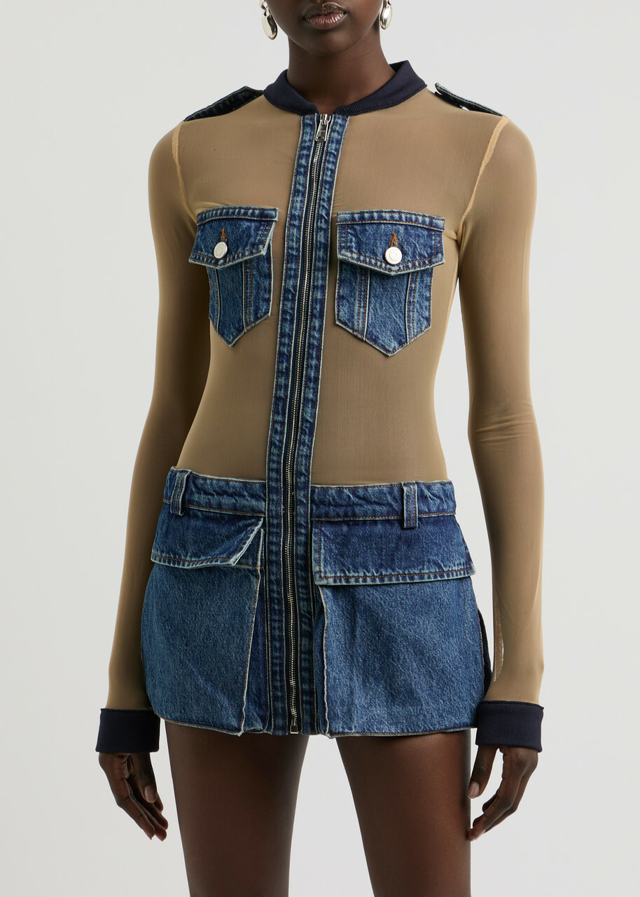 Coperni Denim and Tulle Mini Dress Beige Coperni