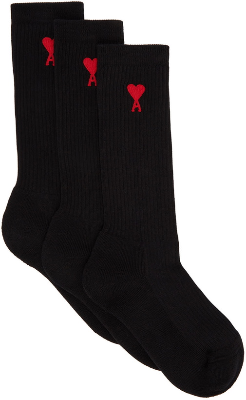 Photo: AMI Paris Three-Pack Black Ami de Cœur Socks