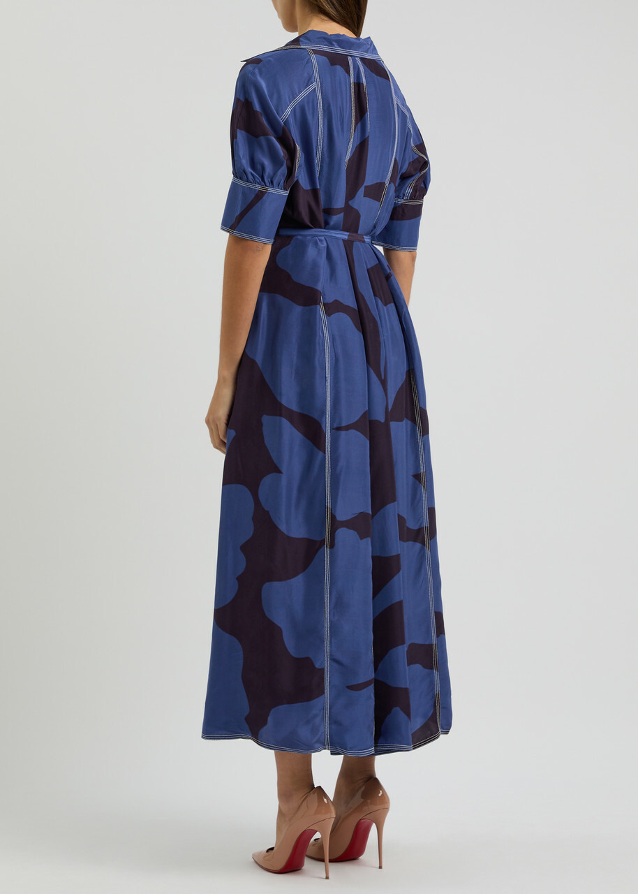 Lovebirds Printed Belted Silk Midi Dress Navy