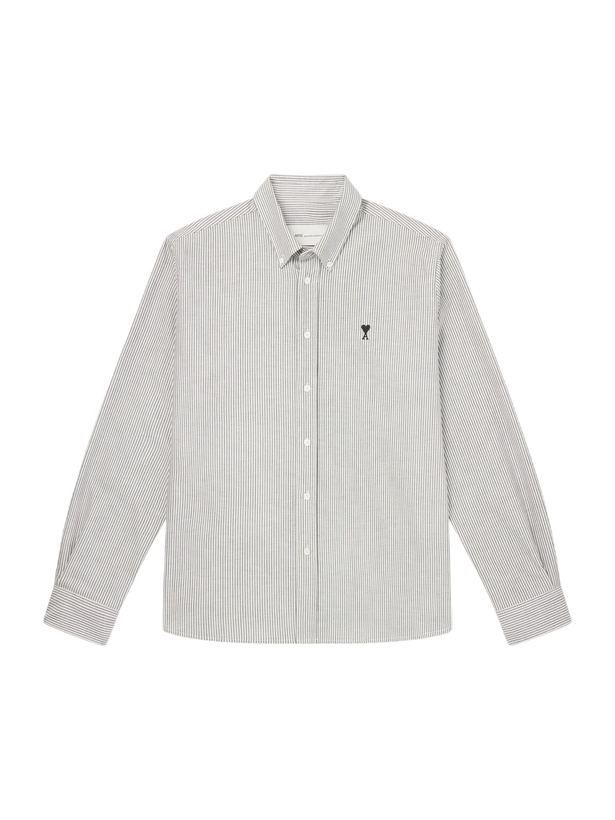 Photo: AMI PARIS - Logo-Embroidered Striped Cotton-Oxford Shirt - Gray