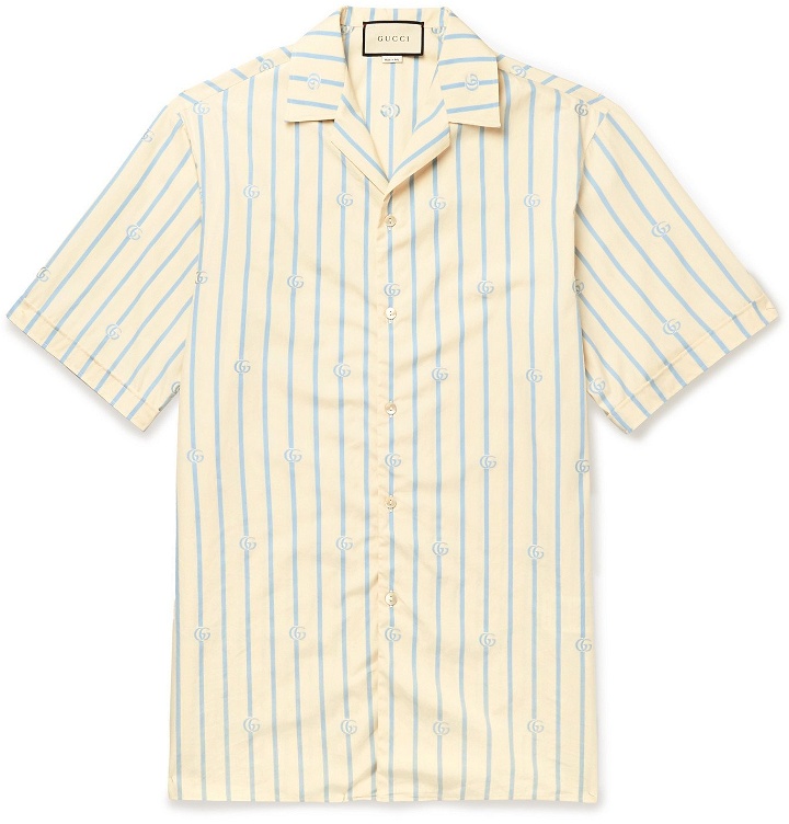 Photo: Gucci - Camp-Collar Logo-Jacquard Striped Cotton-Poplin Shirt - Neutrals
