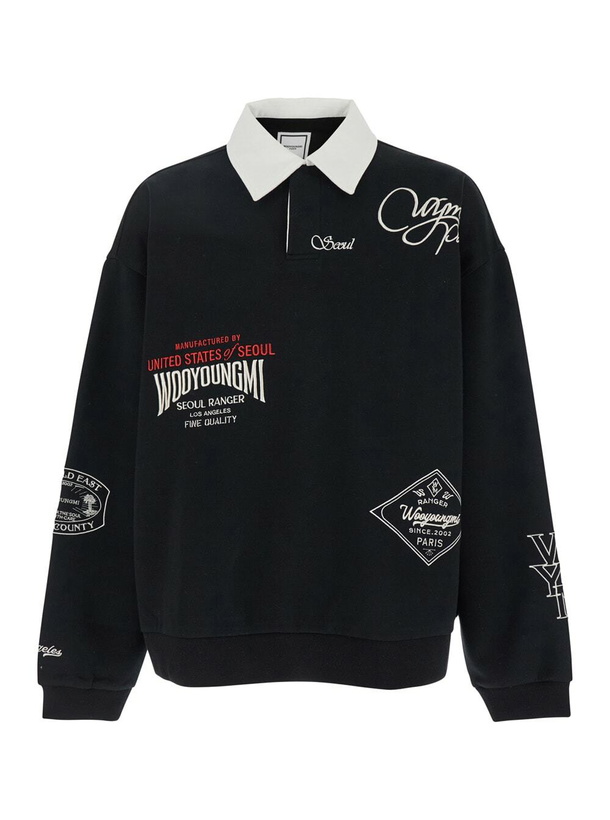 Photo: WOOYOUNGMI Black Polo Shirt With Classic Collar And Prints On The Front In Cotton Blend Man